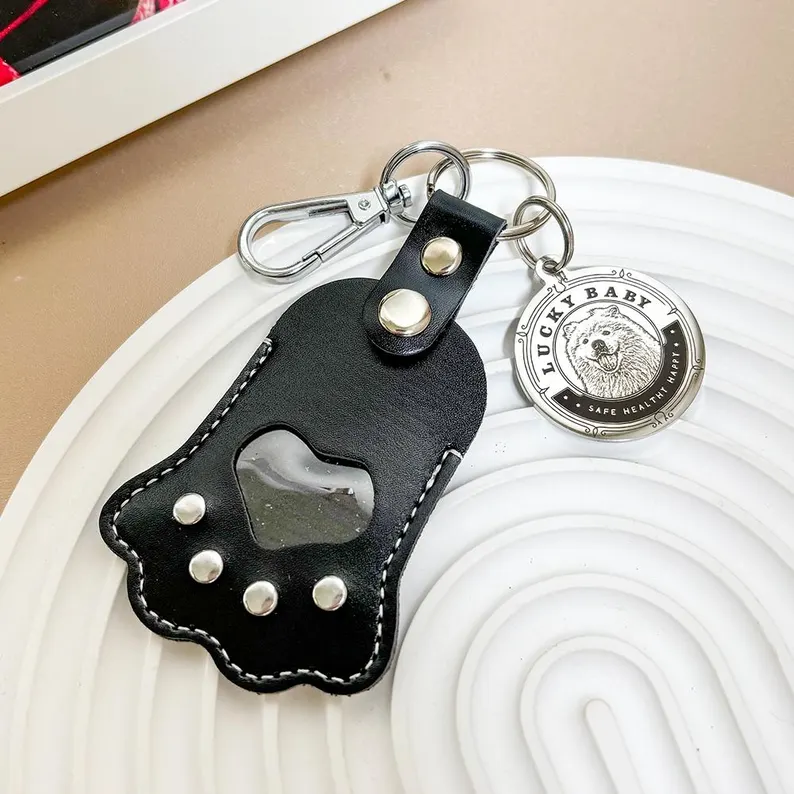 Leather Keychain, Pet Hair Keepsake